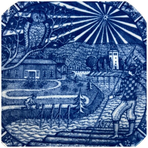 1977 Julen Rorstrand Christmas Plate Owl on Watch Made in Sweden Cobalt Blue VTG - Picture 2 of 4